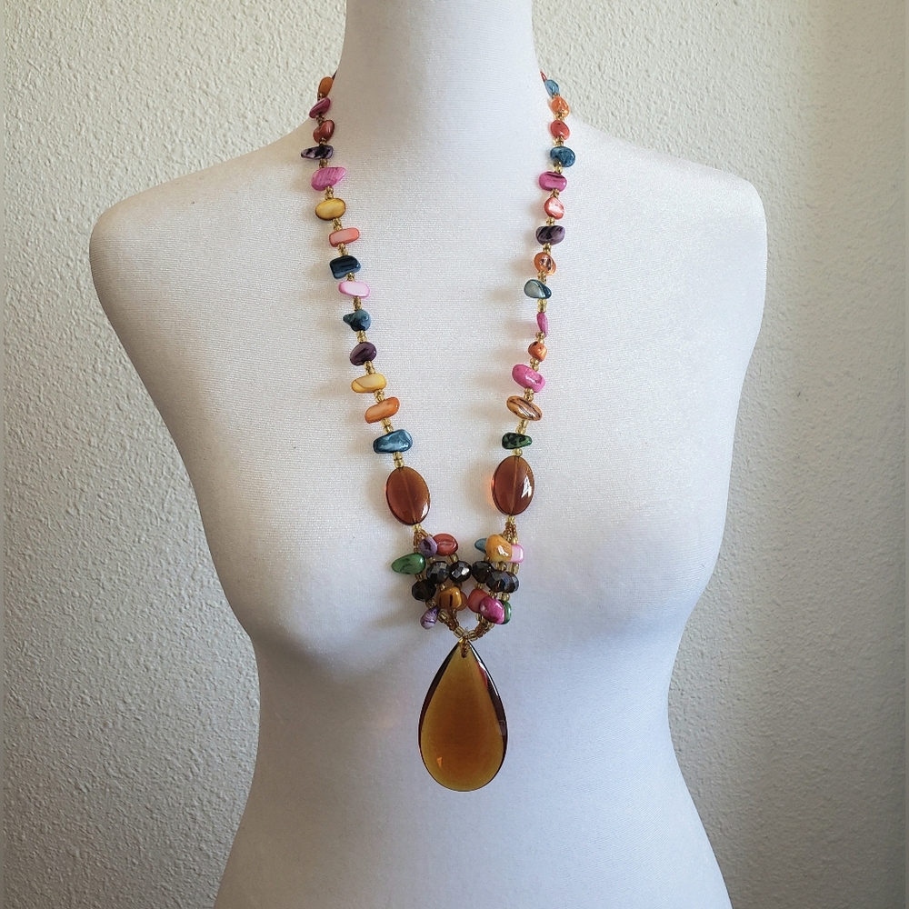 #Colorful Glass Beads Women  Pendant Necklace Toggle Closure 32"